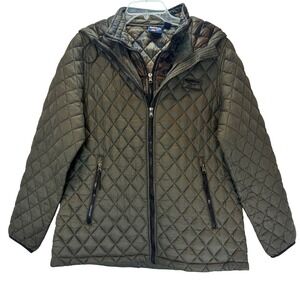 Reebok Quilted Hooded Jacket Size Large Olive Green Gorpcore Camo Puffer Outdoor